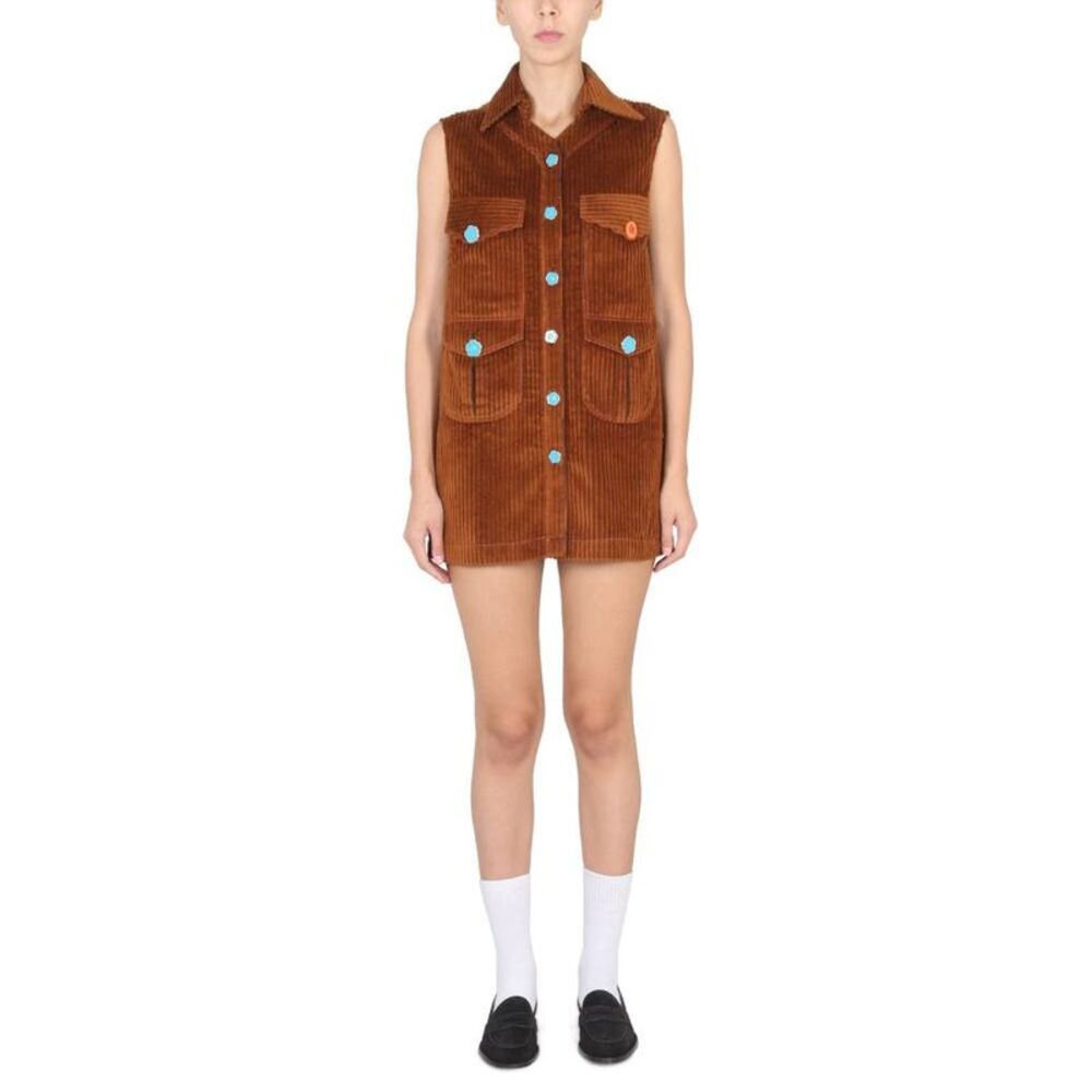 CORMIO Sleeveless Corduroy Button-Front Mini Dress with Patch Pockets Women